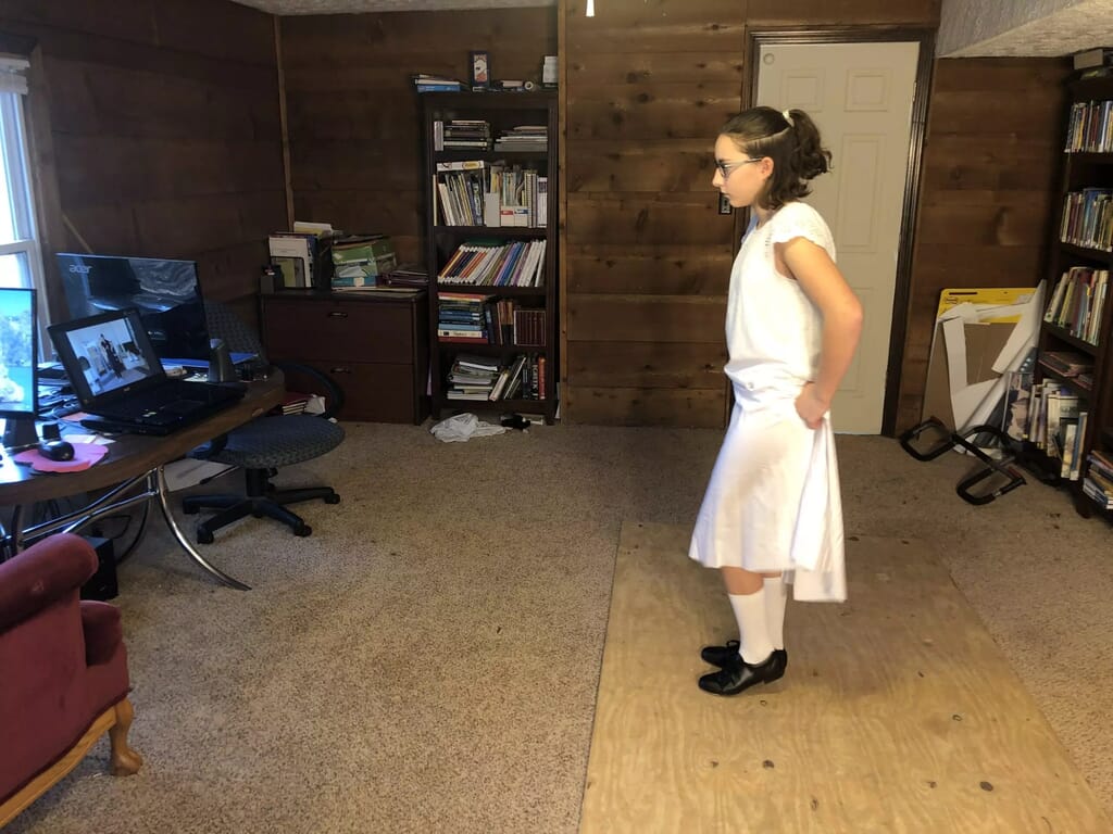 Our set-up for using Mr. D Math's Flamenco Dance Course. You do need a hard floor, but not too hard, we just use cheap plywood. This is also how we practice tap at home. You can use tap or character shoes for this course. 