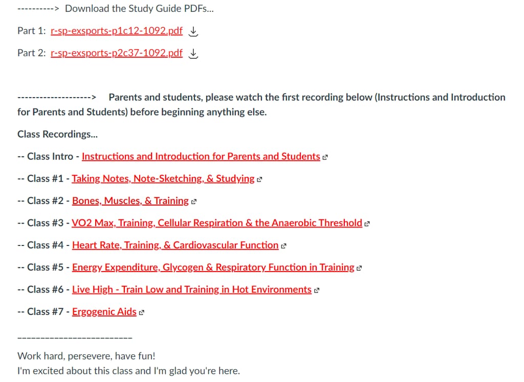 This is the dashboard and table of contents for the exercise and sports physiology course.