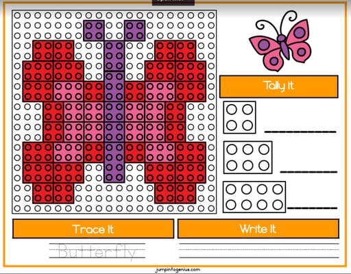 10 Spring Lego Mosaic Printable Designs A sample page from the free spring Lego mosaic printable. (Butterfly design)